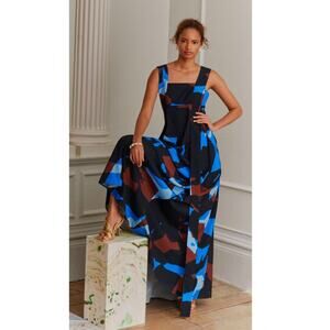 Deveaux Dahlia Colorblock Maxi Dress 6 Blue Brown NWT